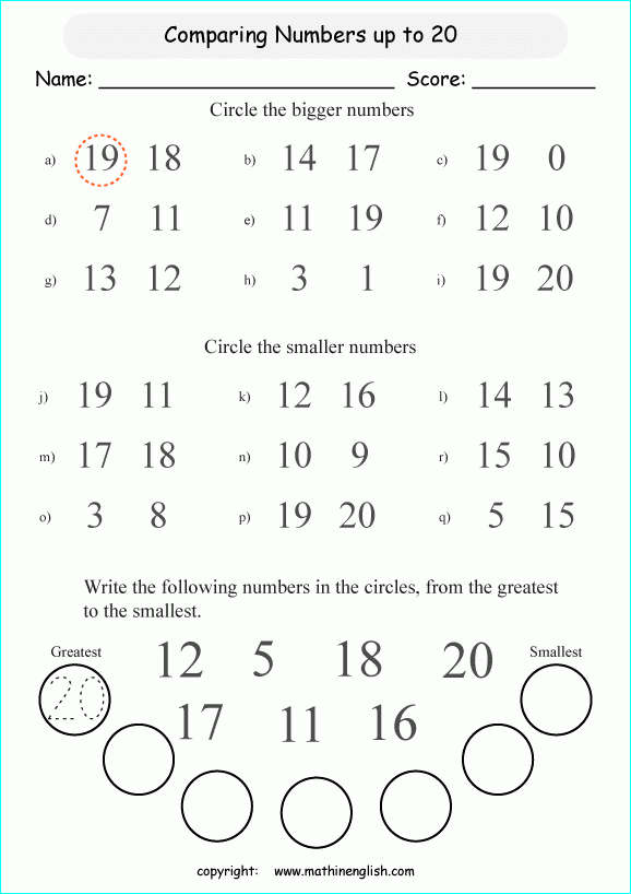 Compare Numbers Up To 20 Grade 1 Math Worksheet For Math 