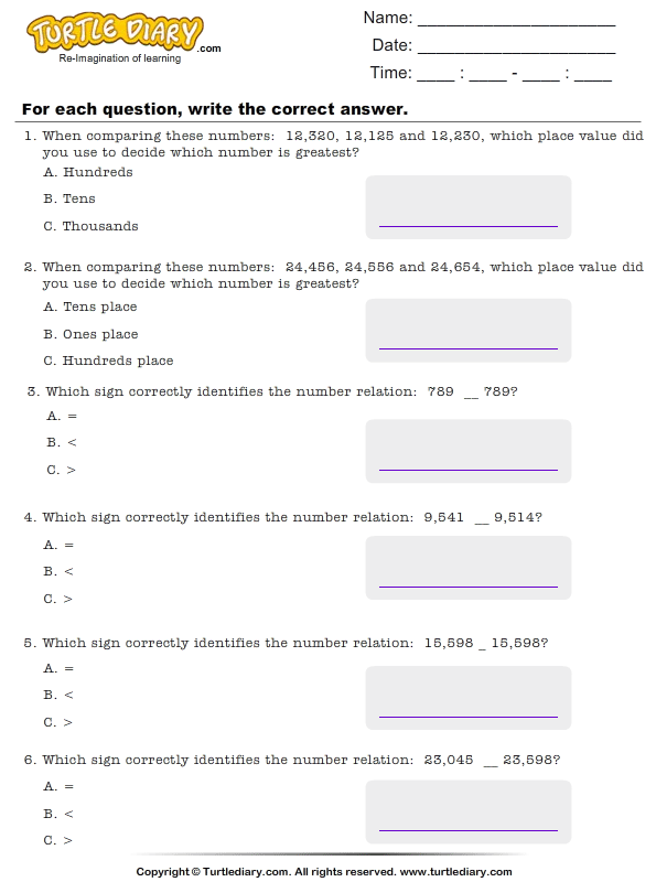 Compare Numbers Up To Ten Thousands Worksheet Turtle Diary
