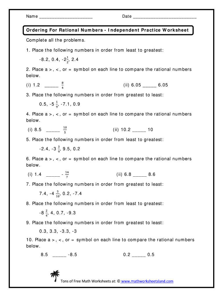 Comparing And Ordering Rational Numbers Worksheet With 