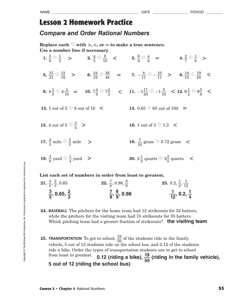 Comparing And Ordering Rational Numbers Worksheet 