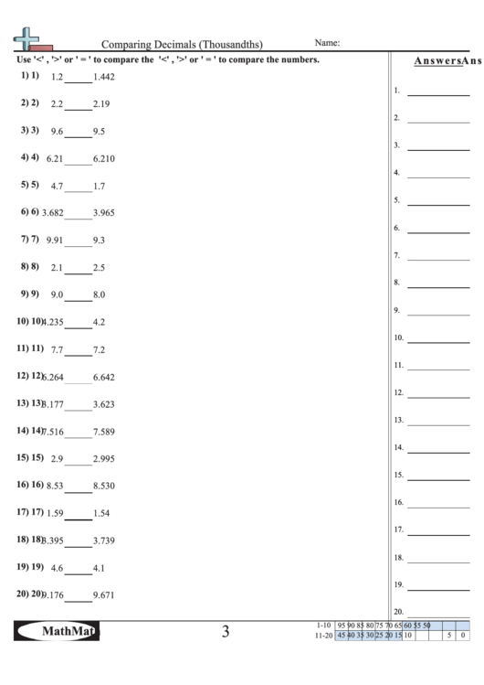 Comparing Decimals Thousandths Worksheet With Answer Key 