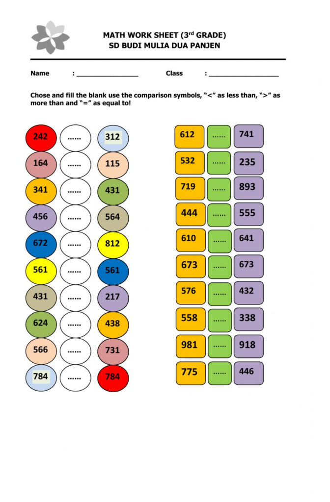 Comparing In Three Digit Numbers Worksheet