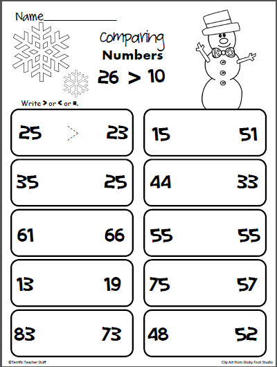 Comparing Two Digit Numbers Winter Worksheet Made By 