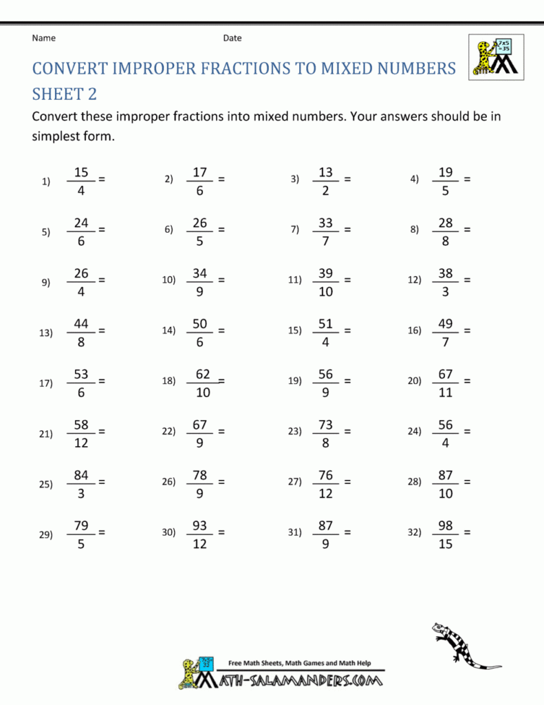 Converting Improper Fractions To Mixed Numbers Worksheet 