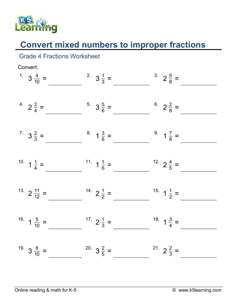 Converting Improper Fractions To Mixed Numbers Worksheet 