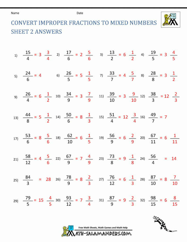 Converting Improper Fractions To Mixed Numbers Worksheet