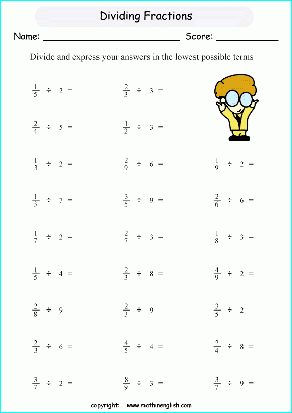 Divide Fractions By Whole Numbers Math Worksheet For Grade