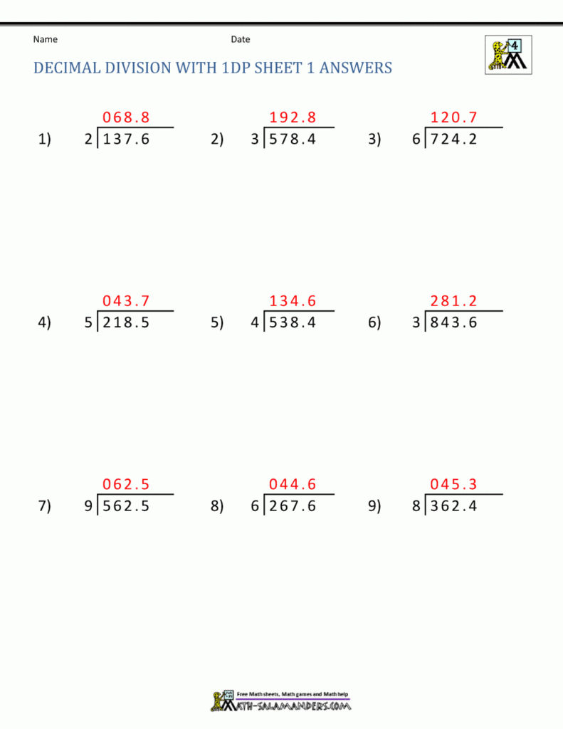 Division Of Decimal Numbers Worksheets