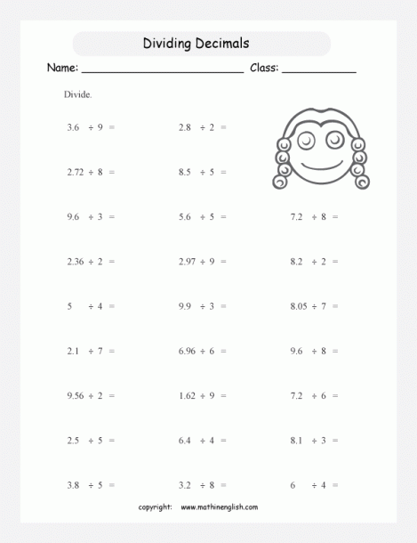 Division Of Decimals By Whole Numbers Worksheets 