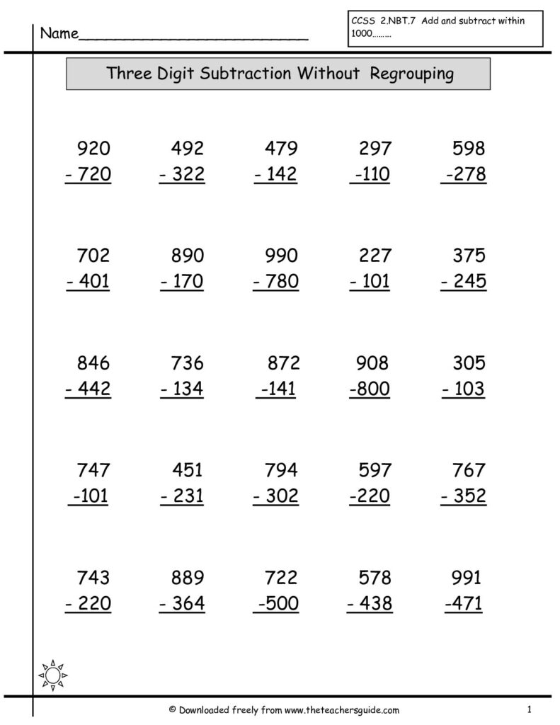 Free Printable 3 Digit Subtraction With Regrouping 