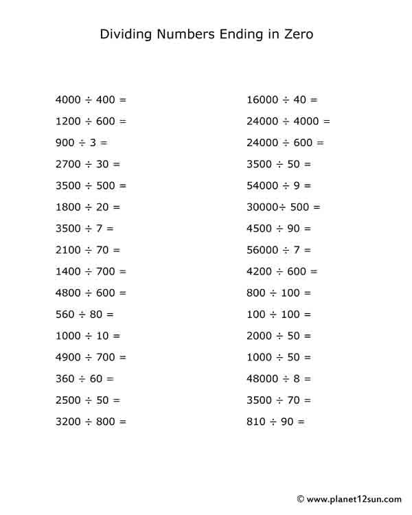 Free Printable Worksheet Dividing Large Numbers Ending In