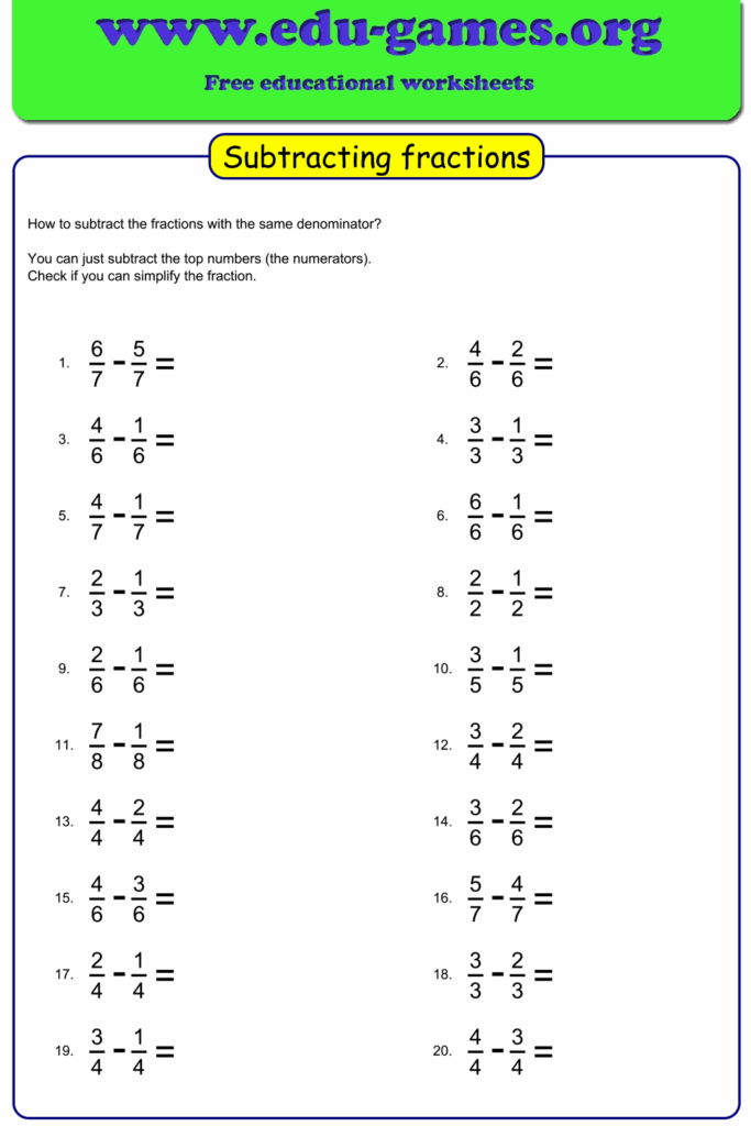 Free Subtracting Fractions With Options To Choose Like Or 