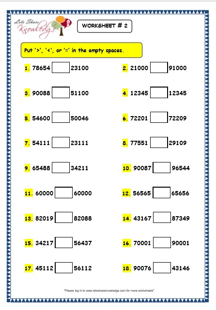 Grade 3 Maths Worksheets 5 Digit Numbers 2 12 Comparing 5 