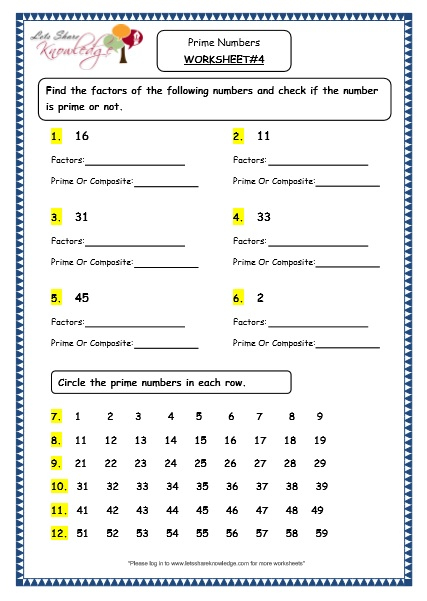 Grade 4 Maths Resources 1 11 Prime Numbers Printable 