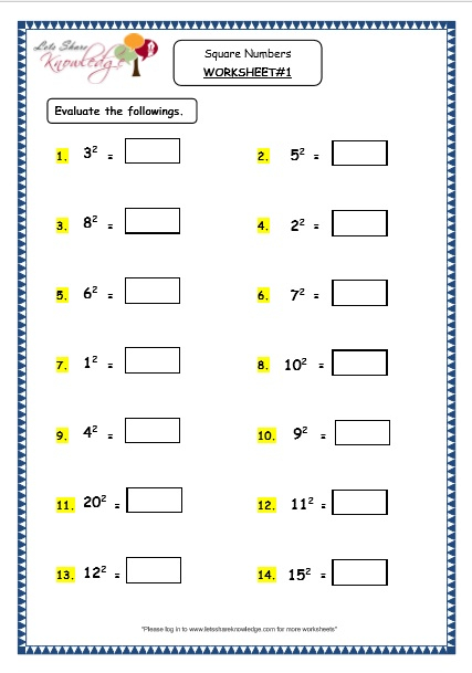 Grade 4 Maths Resources 1 12 Square Numbers Printable