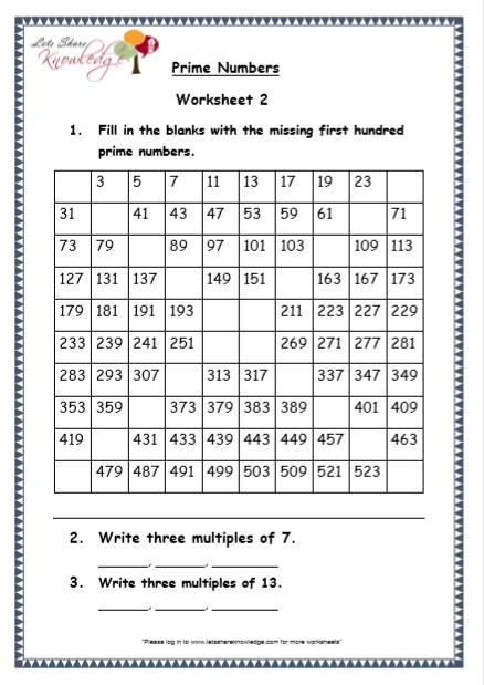 Grade 5 Maths Resources Prime Numbers Printable 