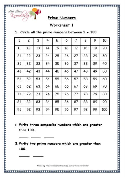 Grade 5 Maths Resources Prime Numbers Printable 