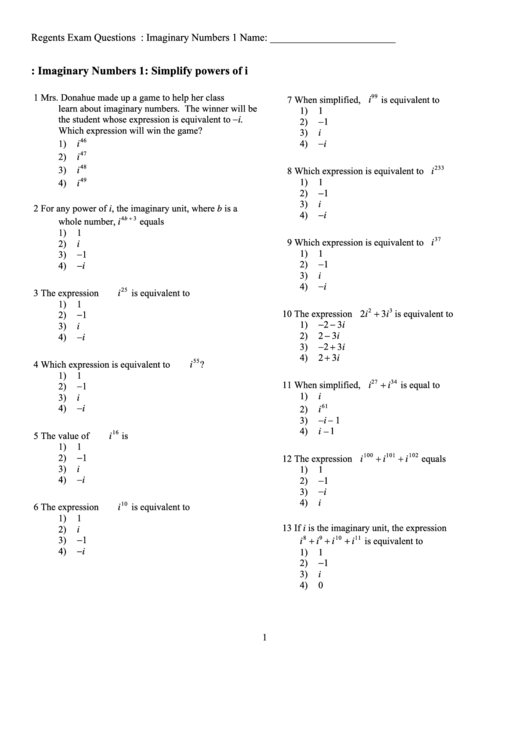 Imaginary Numbers Simplifying Powers Of I Worksheet 