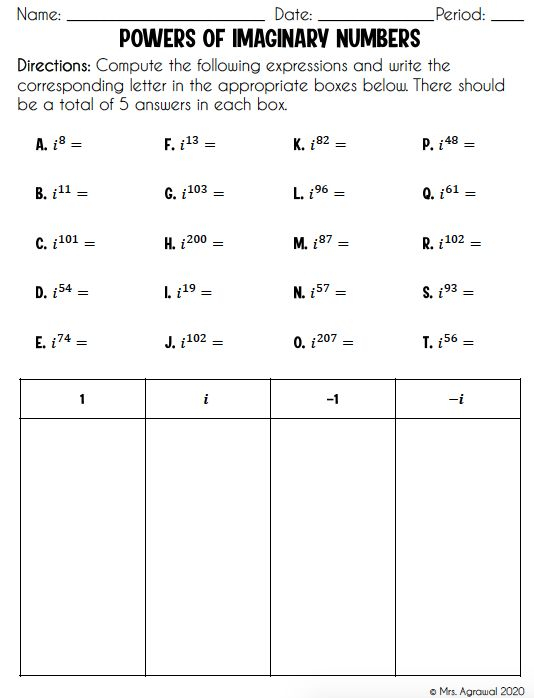 Imaginary Numbers Sorting Worksheet Number Worksheets