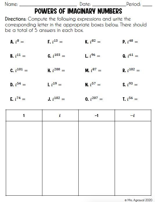 Imaginary Numbers Sorting Worksheet Number Worksheets 