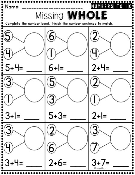 Kindergarten Number Bonds Worksheets To 10 Numbers