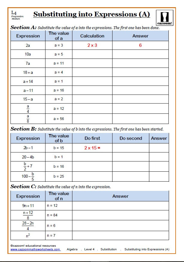 KS3 KS4 Substitution Maths Worksheet Substitution