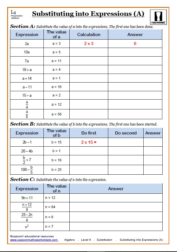 KS3 KS4 Substitution Maths Worksheet Substitution 