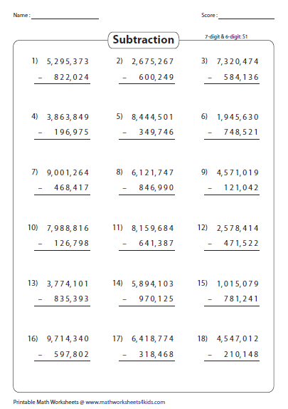 Large Numbers 6 digit Subtraction Subtraction 