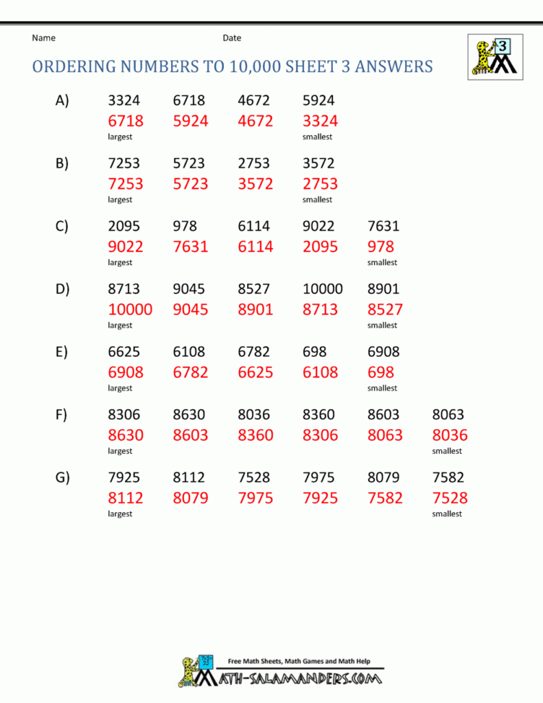 Math Worksheets 3rd Grade Ordering Numbers To 10000