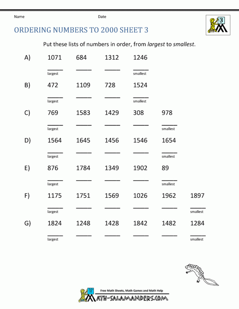 Math Worksheets 3rd Grade Ordering Numbers To 10000