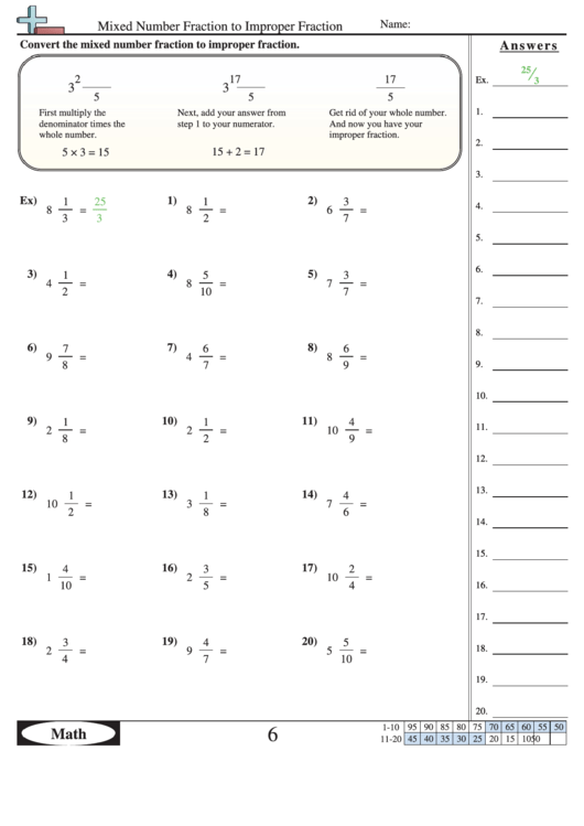 Mixed Number Fraction To Improper Fraction Worksheet With