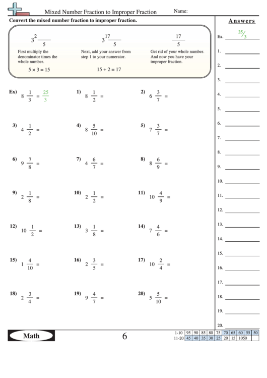 Mixed Number Fraction To Improper Fraction Worksheet With 