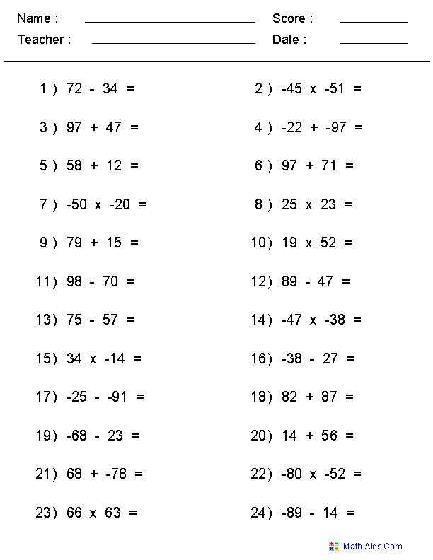 Mixed Problems Negative Numbers Worksheets Primaria
