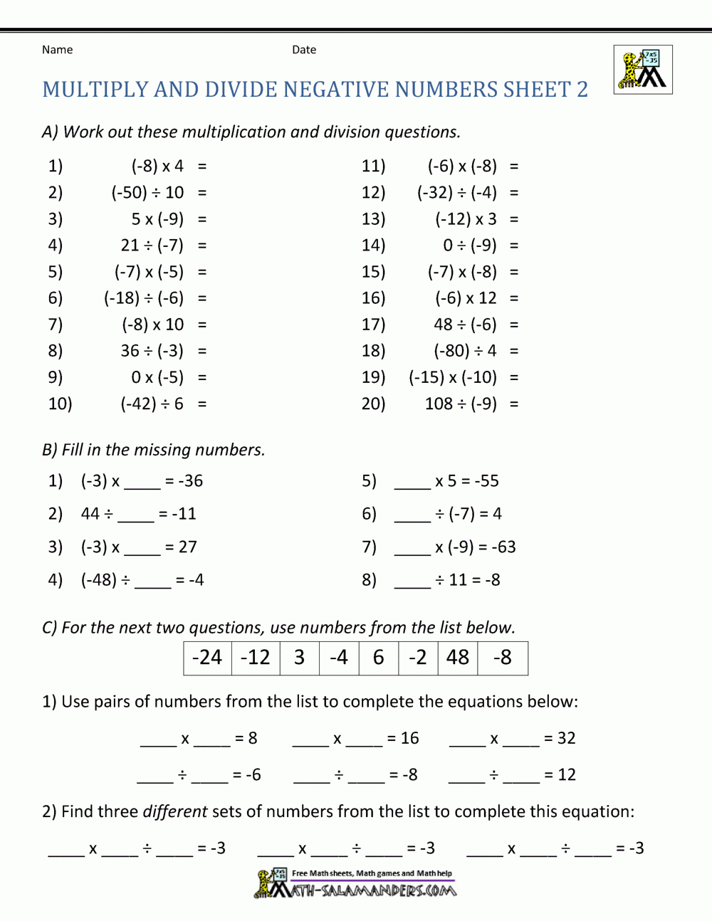 Multiply And Divide Negative Numbers