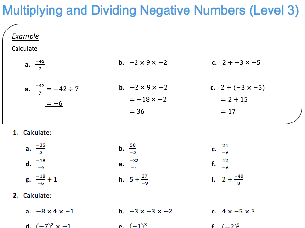 Multiplying And Dividing Negative Numbers Level 3 