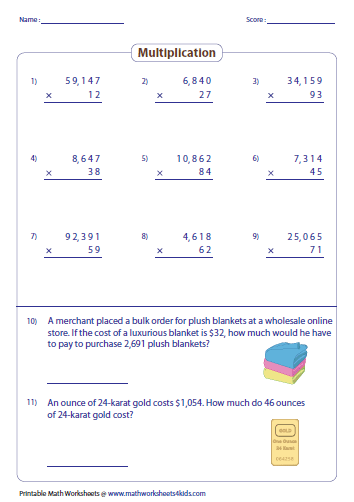 Multiplying Large Numbers Worksheets