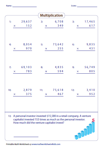 Multiplying Large Numbers Worksheets