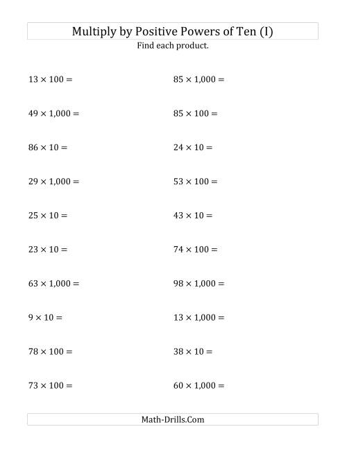 Multiplying Whole Numbers By Positive Powers Of Ten 