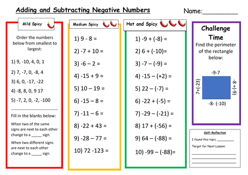 Negative Numbers Addition And Subtraction Worksheets