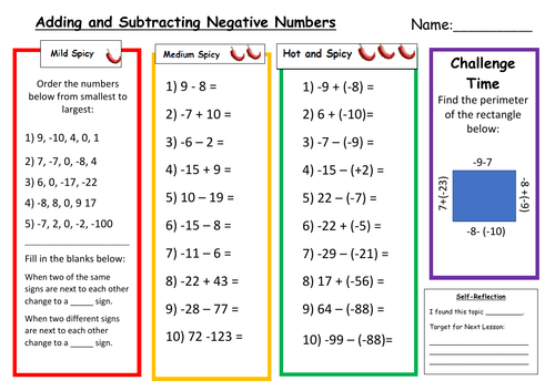 Negative Numbers Addition And Subtraction Worksheets 