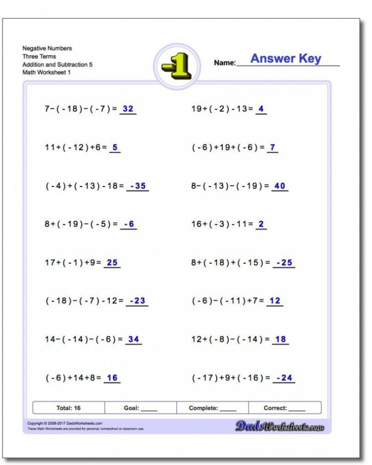 Negative Numbers Three Terms Addition Worksheet And Math