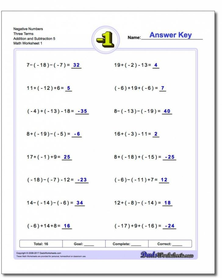 Negative Numbers Three Terms Addition Worksheet And Math 