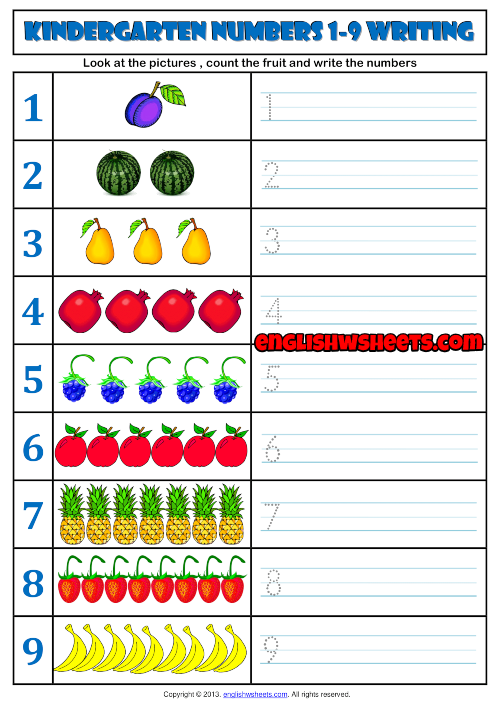 Numbers 1 9 Kindergarten Writing Exercise Worksheet