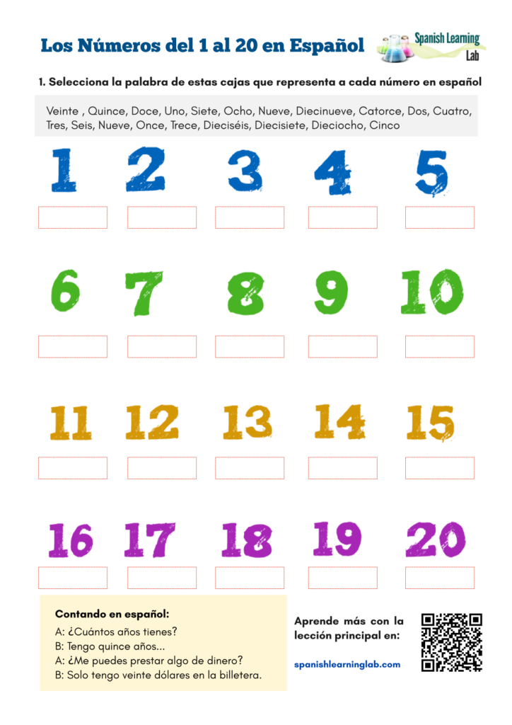Numbers In Spanish From 1 To 20 PDF Worksheet Spanish 