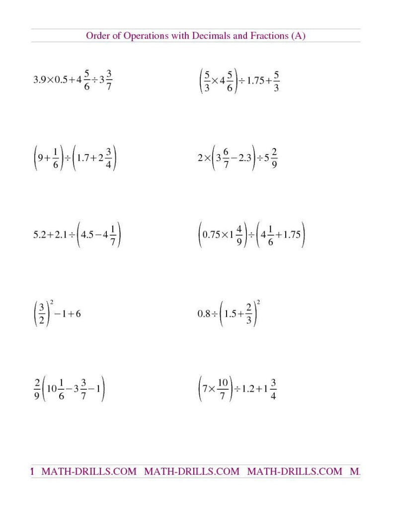 Order Of Operations With Rational Numbers Worksheet Pdf 