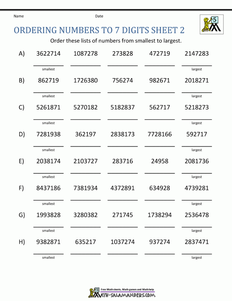 Ordering Large Numbers 5th Grade