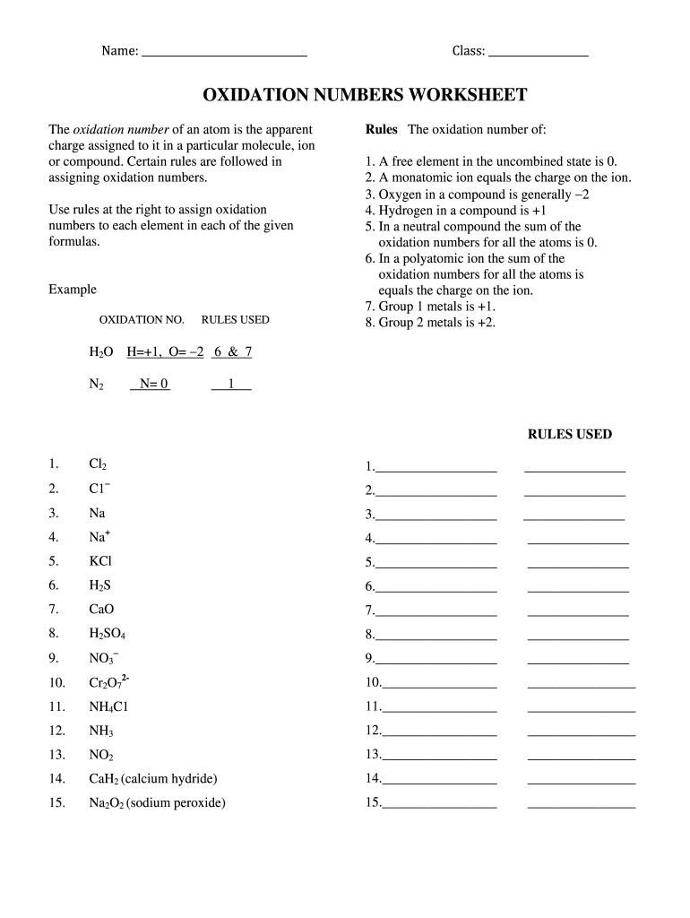 Oxidation Numbers Worksheet Form Fill Online Printable 