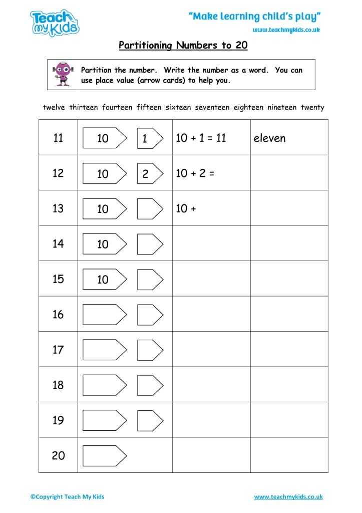 Partitioning Numbers To 20 TMK Education