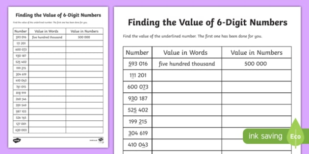 Place Value Finding The Value Of 6 Digit Numbers Worksheet