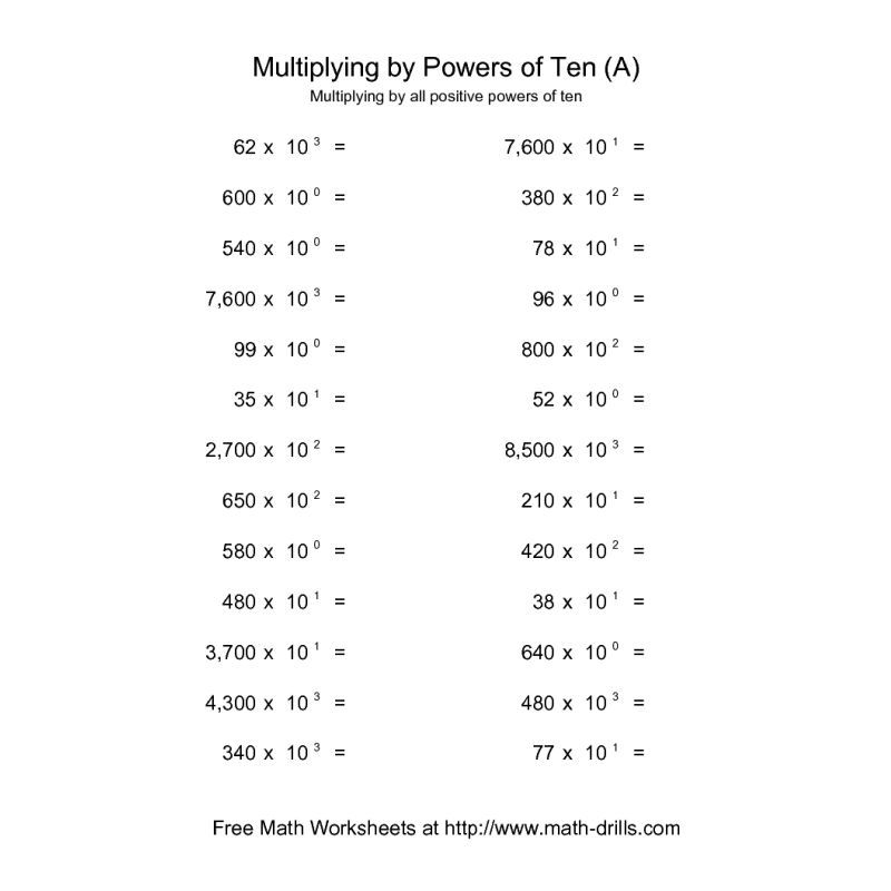 Powers Of Ten Worksheet Whole Numbers Multiplied By All 